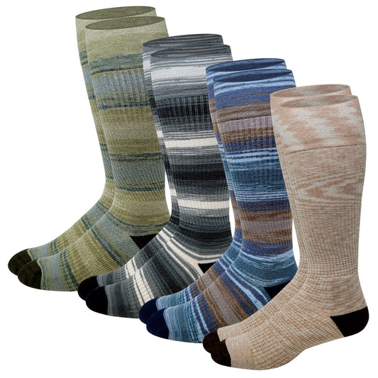 Four pairs of striped socks in green, gray, blue, and beige on a white background