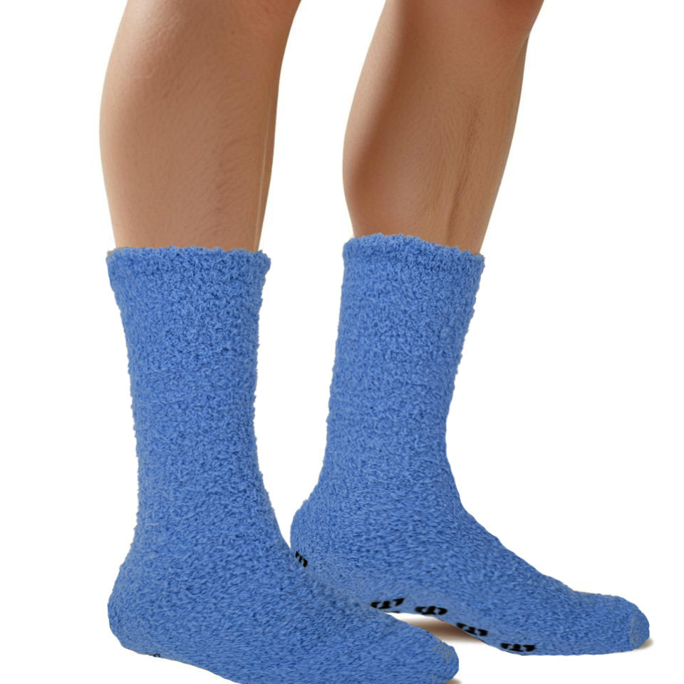 Non-slip lounge socks worn during everyday home activities