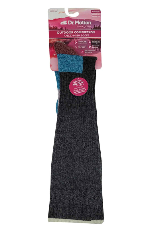 Close-up of Dr. Motion knee-high compression socks showing cushioned sole, breathable mesh, and reinforced toe.”