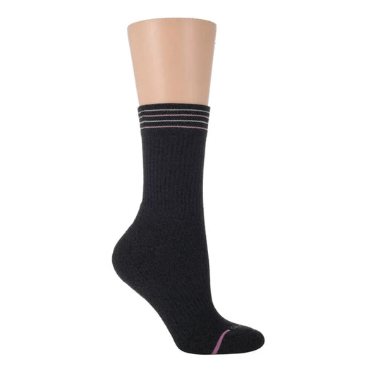 Black sock with white stripes on a mannequin foot against a white background