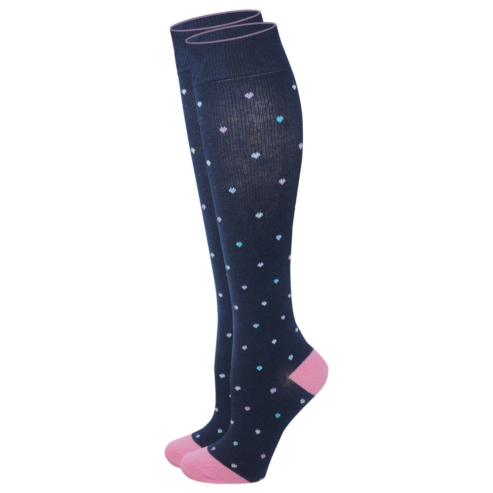 Navy knee-high socks with heart patterns on a white background