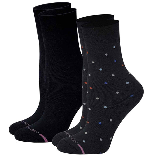 Two pairs of black dr motion mid crew socks, one plain and one with colorful dots, on a white background.