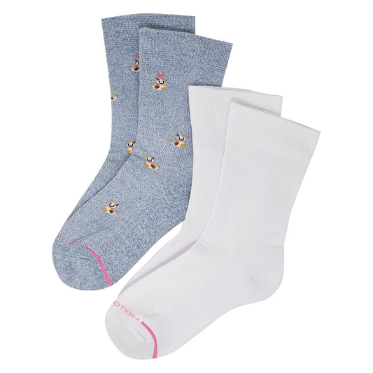 Two pairs of dr. motion socks, one blue with bee designs and one white, on a white background.