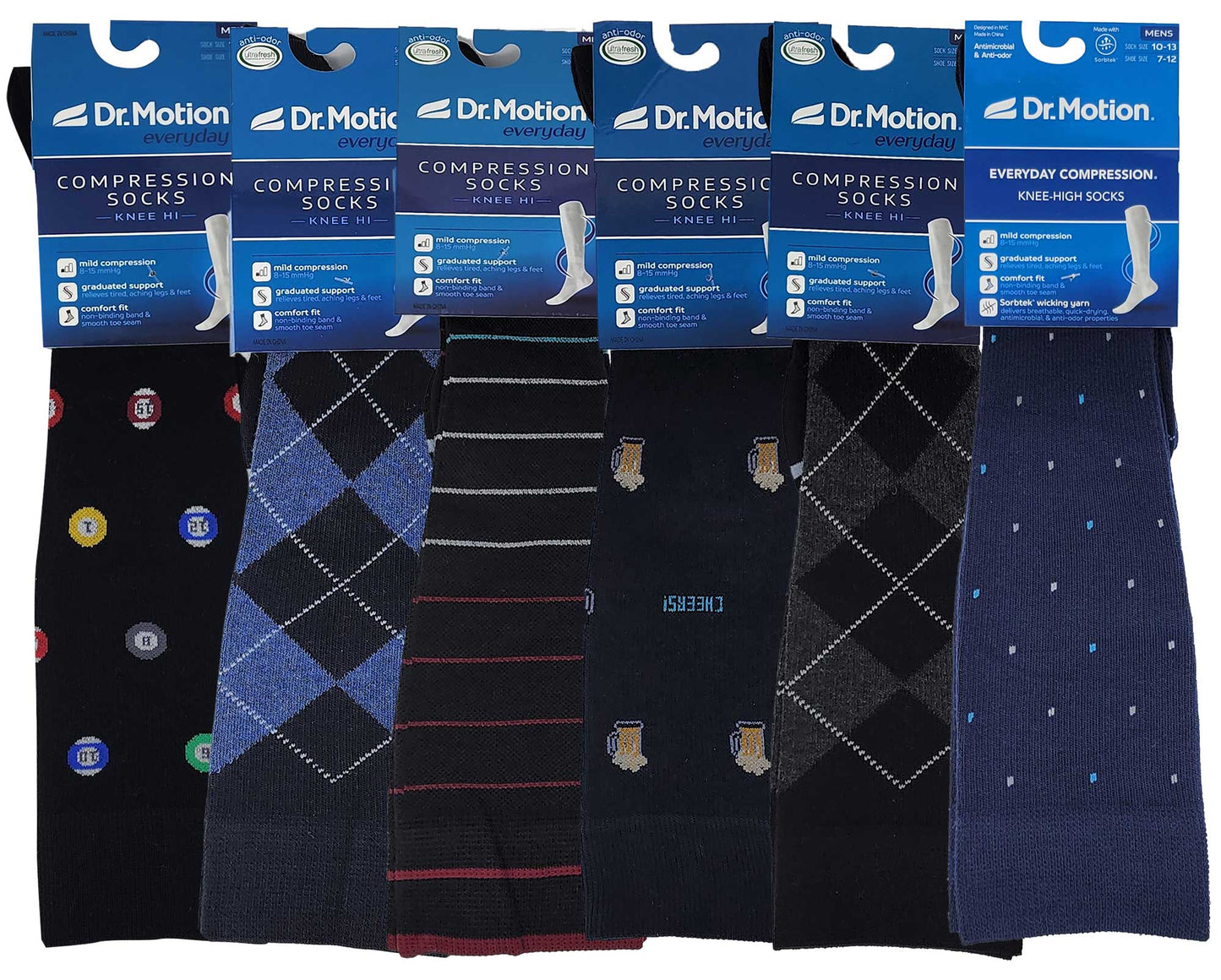 Compression Knee High Socks | Assorted Novelty Print | Men's (6 Pairs)