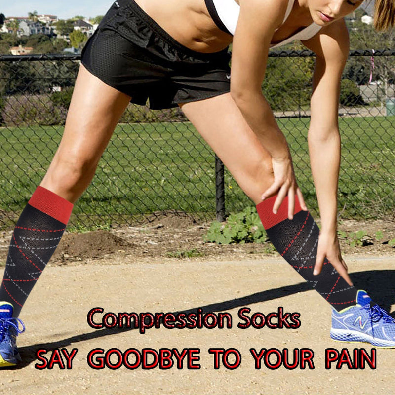 Person wearing compression socks outdoors with promotional text overlay.