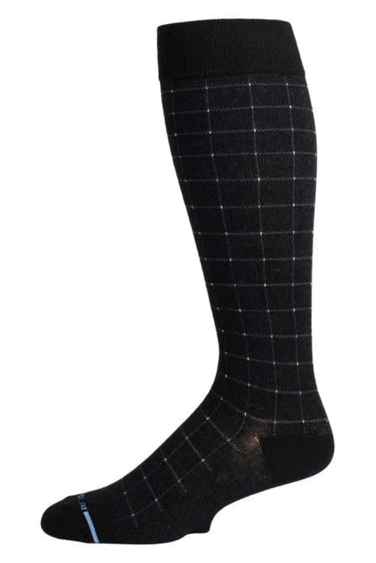 A pair of black Dr. Motion compression knee high socks with a pin dot grid pattern for men.