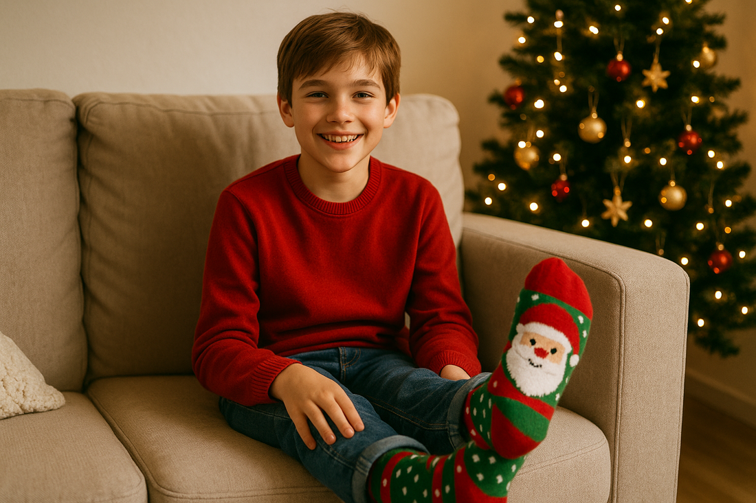 Close-up of kids fuzzy Christmas socks showing soft fleece texture