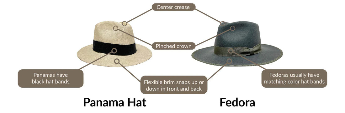 Panama hat and fedora hat showing differences in shape and material