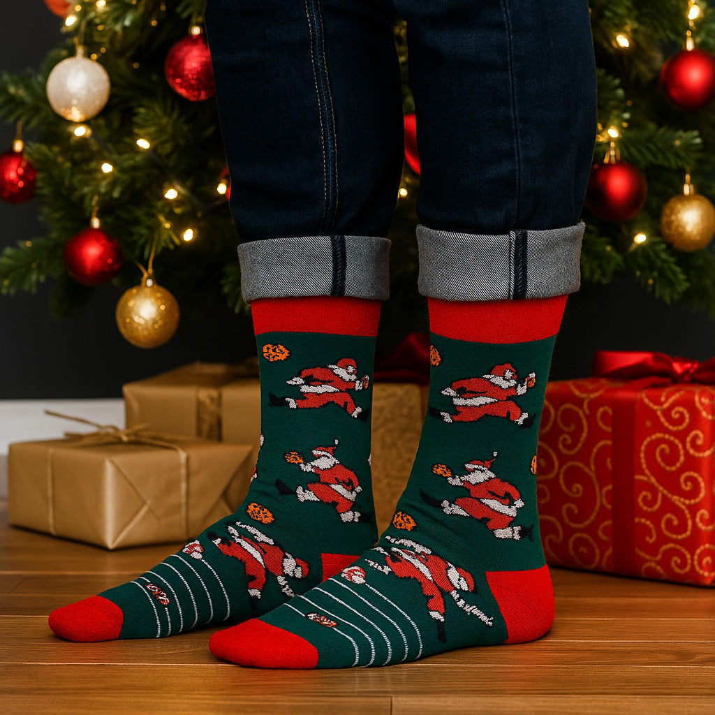 Model wearing dress socks: Man wearing fun Christmas patterned dress socks with suit and dress shoes