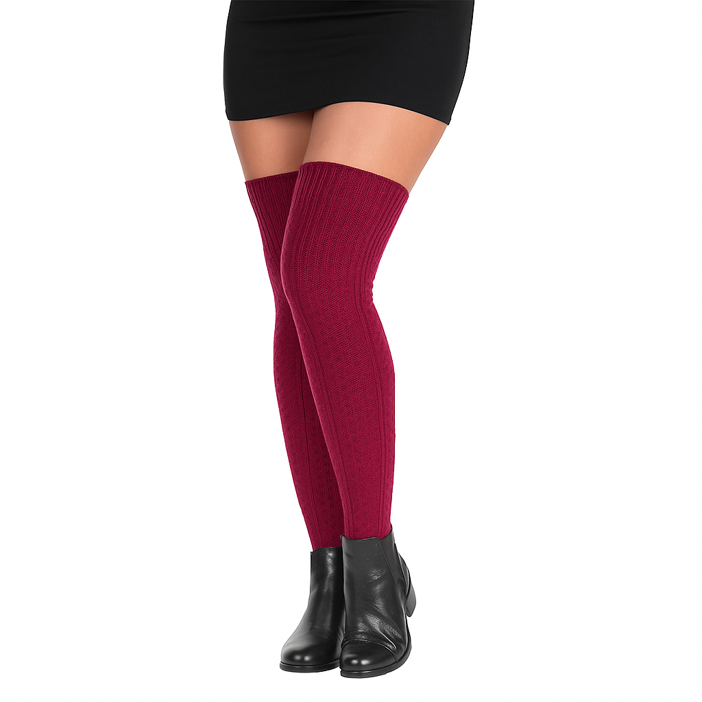 Women’s long cable knit thigh high socks – wool blend winter boot socks