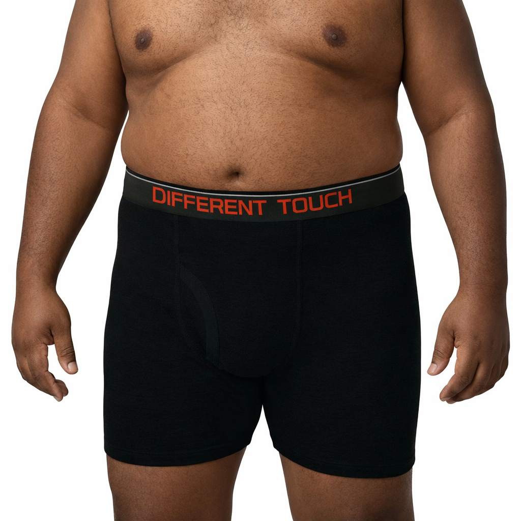 Black boxer briefs with a red 'Different Touch' waistband on a white background