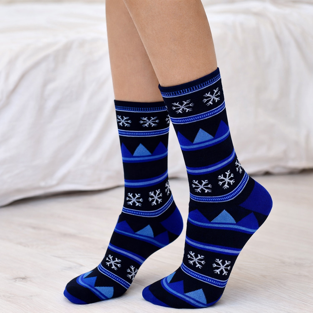Blue patterned Crew socks worn by a person on a light background