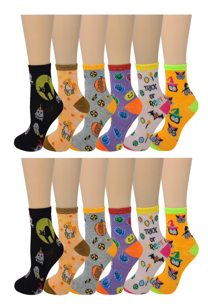 Set of colorful Halloween-themed socks on a white background