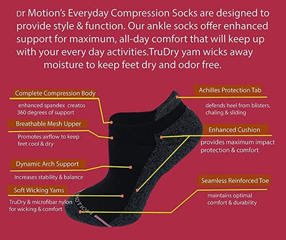 Ankle Compression Socks for Women | Plain Basic Colors | Dr. Motion (6 Pairs)