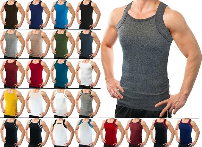 A collage of men's tank tops in various solid colors, showcasing the square cut design and ribbed texture.