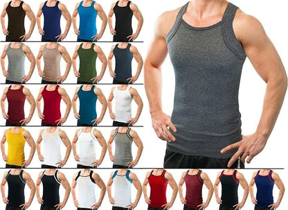 A collage of men's tank tops in various solid colors, showcasing the square cut design and ribbed texture.