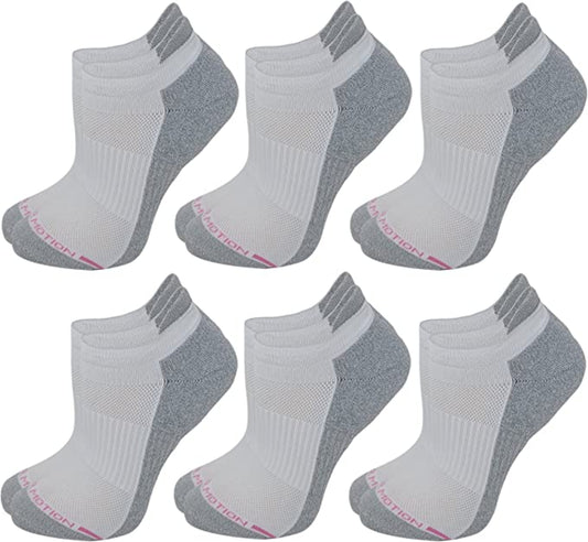 A set of six plain basic color ankle compression socks for women, displayed in three pairs with white and gray colors.