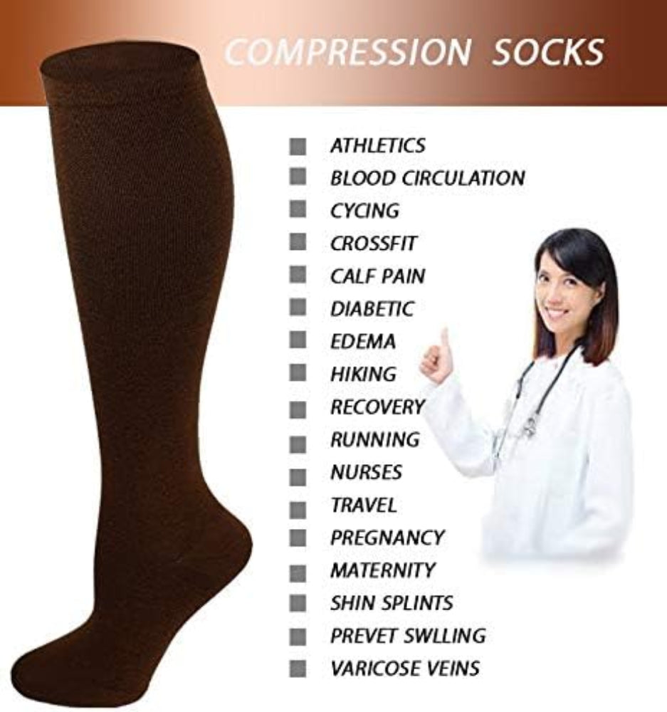 Brown compression sock with a doctor and list of benefits