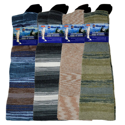 Four pairs of compression knee-high socks in different colors on a white background.