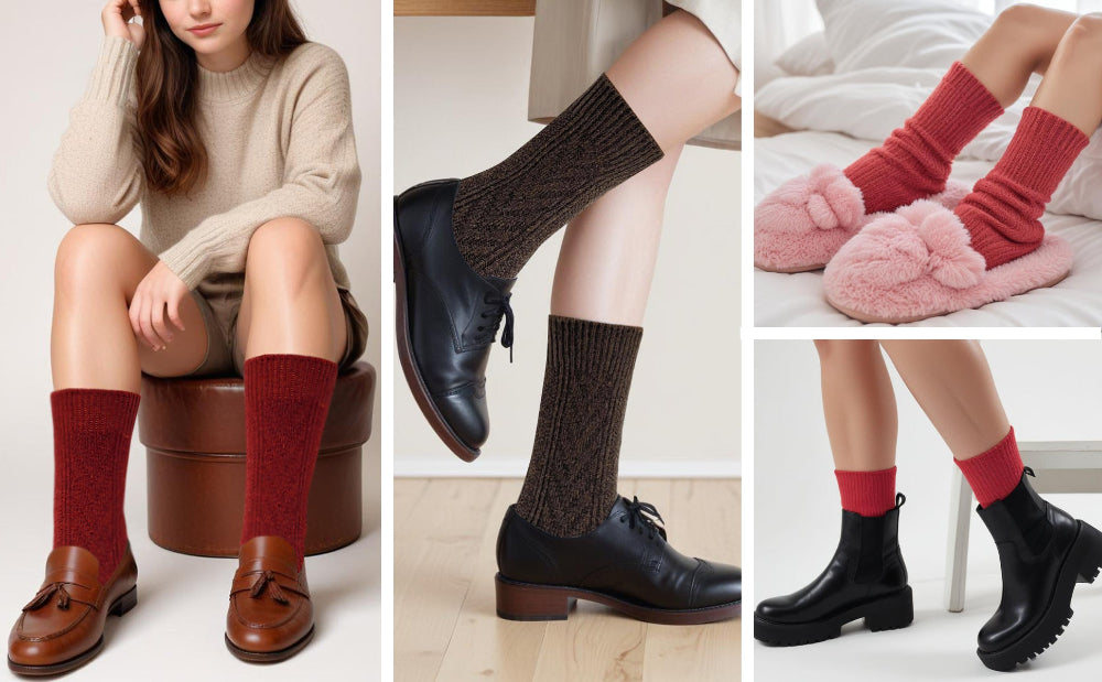 Warm women’s wool boot socks – cable knit texture with two-tone pattern