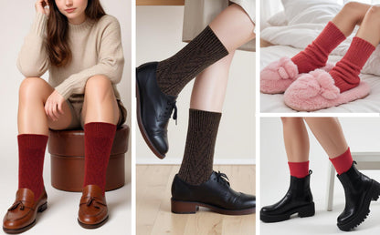 Warm women’s wool boot socks – cable knit texture with two-tone pattern