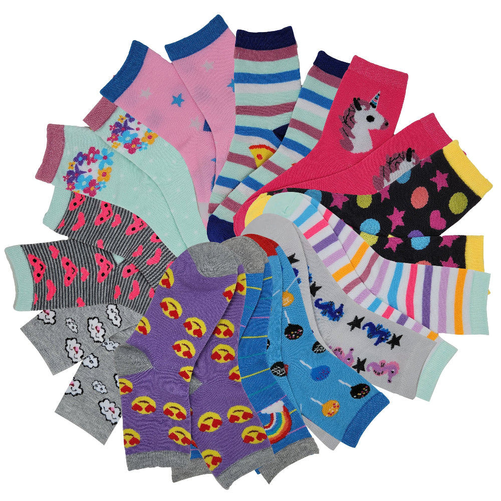 Girls’ novelty crew socks with assorted fun designs – 12-pair pack