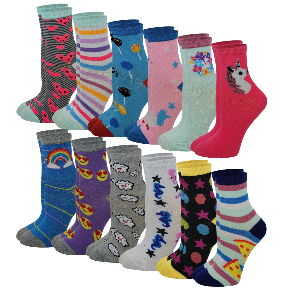 Colorful kids crew socks with cute novelty patterns