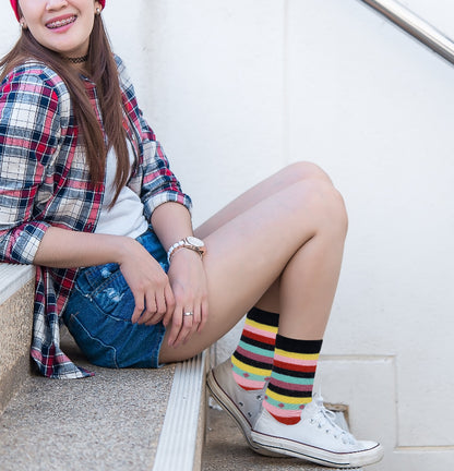 Girls styling multicolor crew socks for everyday outfits