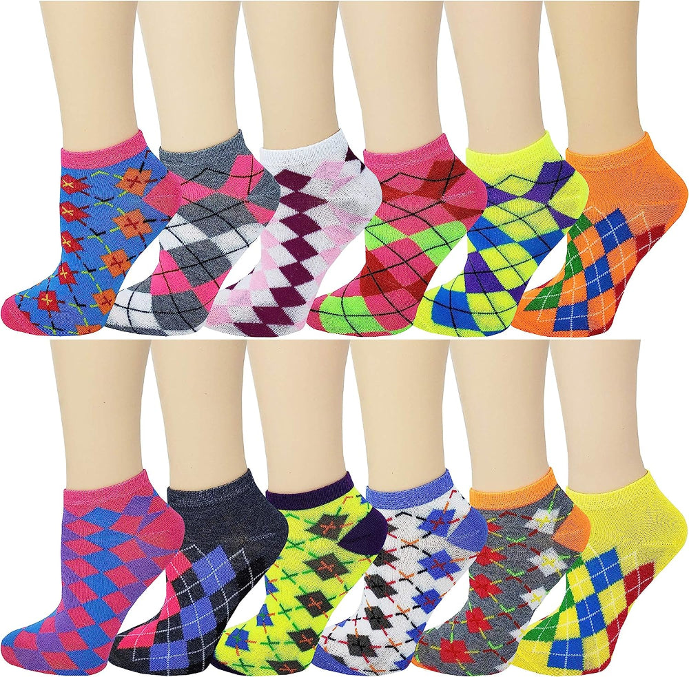 Twelve-pair pack of women’s neon argyle ankle socks