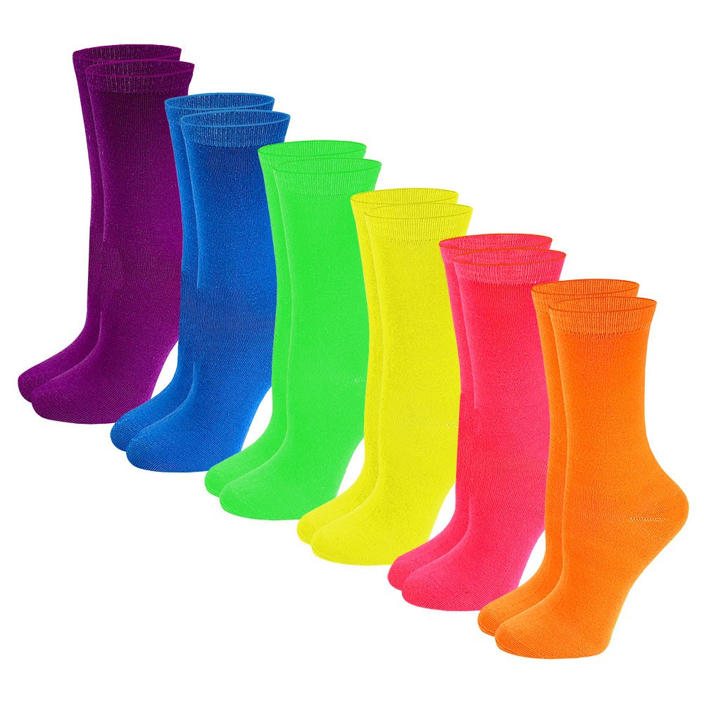 Set of colorful knee-high socks in various bright colors on a white background