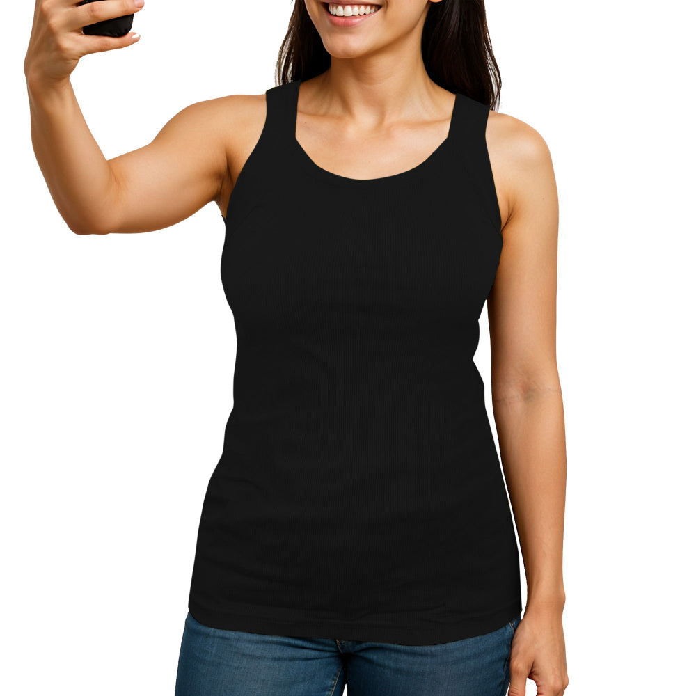 Woman wearing a black tank top on a white background