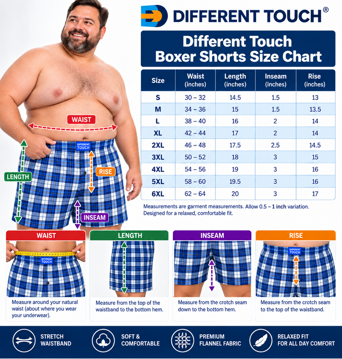 Men’s Big & Tall 100% Cotton Boxer Shorts 6-Pack | Different Touch