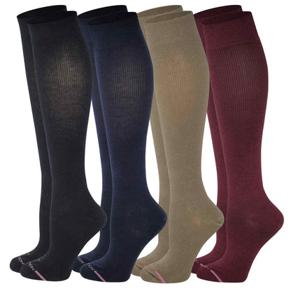 A set of Dr. Motion knee-high compression socks in four different colors: black, navy, beige, and red. The socks have a solid color design and are displayed in a row, showing the ankle-to-calf compression bands.