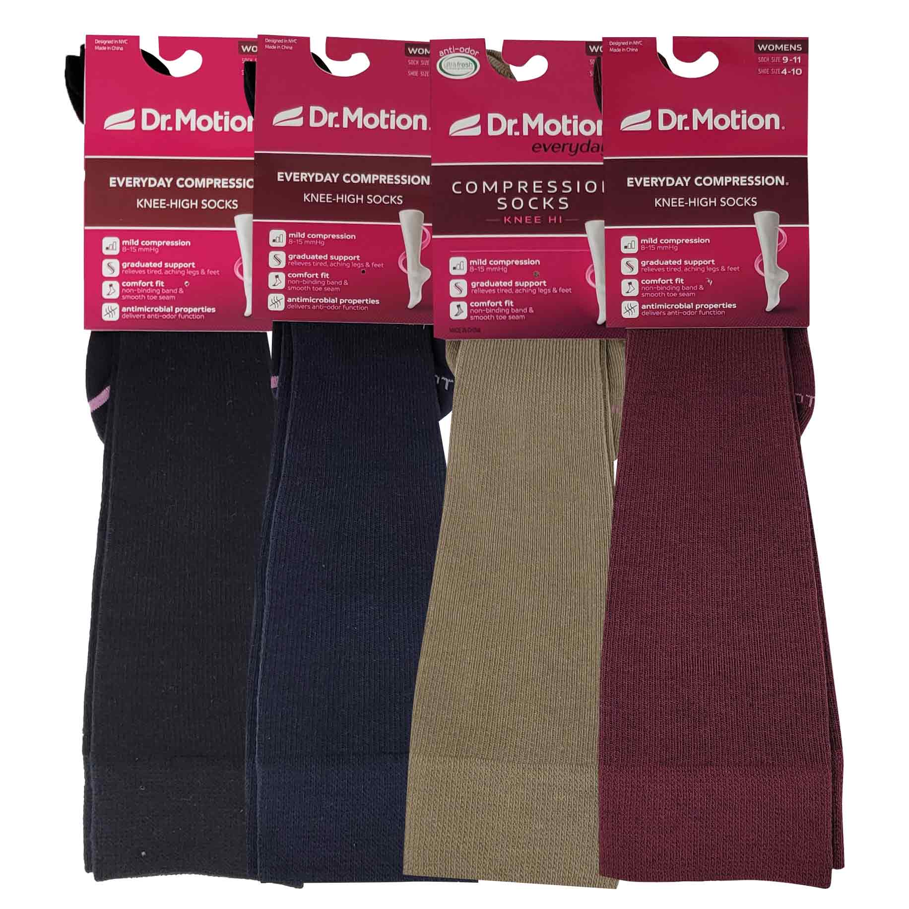 Dr. Motion Women’s knee high compression socks in assorted solid colors with mild 8–15 mmHg support