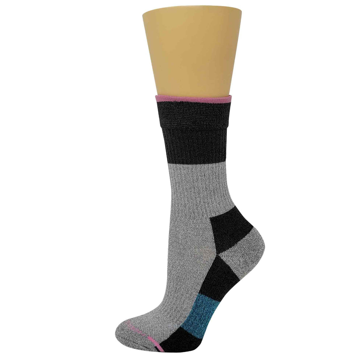 Colorful crew compression sock with a pattern on a white background
