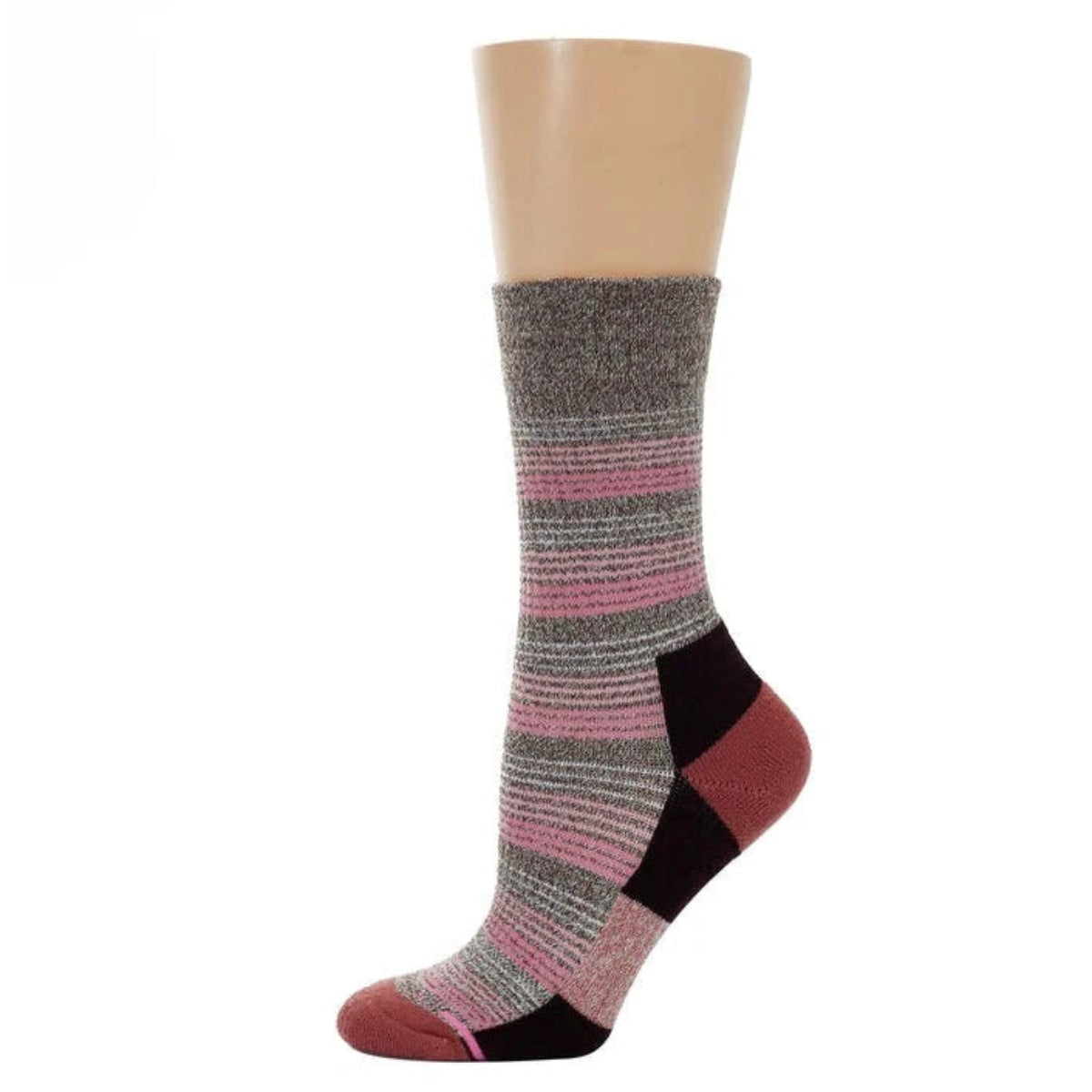 A pair of women's compression crew socks with a waterfall stripe half-cushion design, predominantly in gray with pink stripes, displayed on a mannequin.