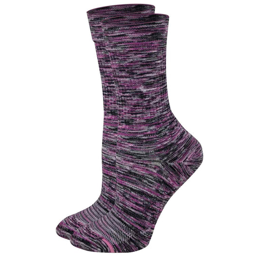 Pair of purple and gray patterned Compression socks on a white background