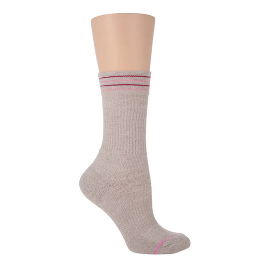 A pair of Dr Motion women's compression crew socks in solid color with pink stripes, half-cushion design.