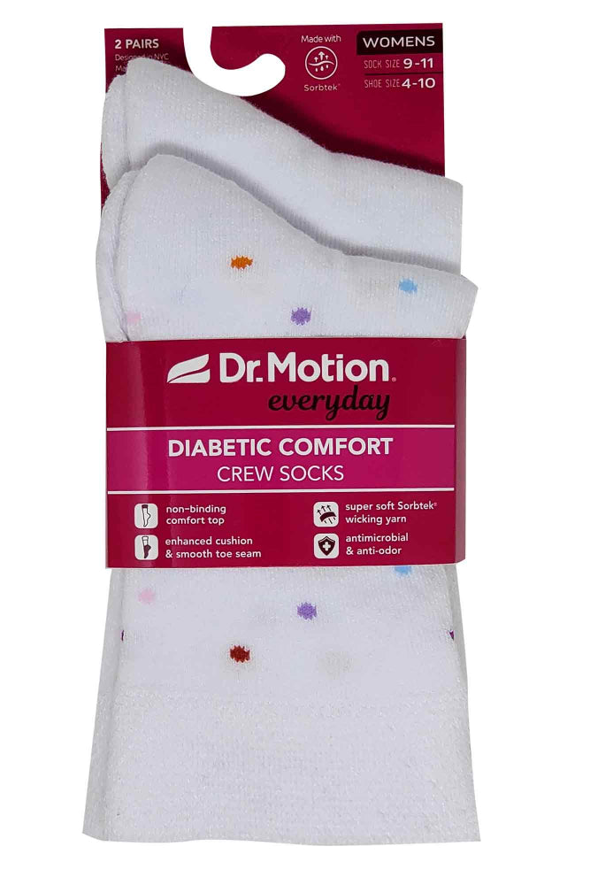 Pack of Dr. Motion diabetic comfort crew socks with a red label on a white background