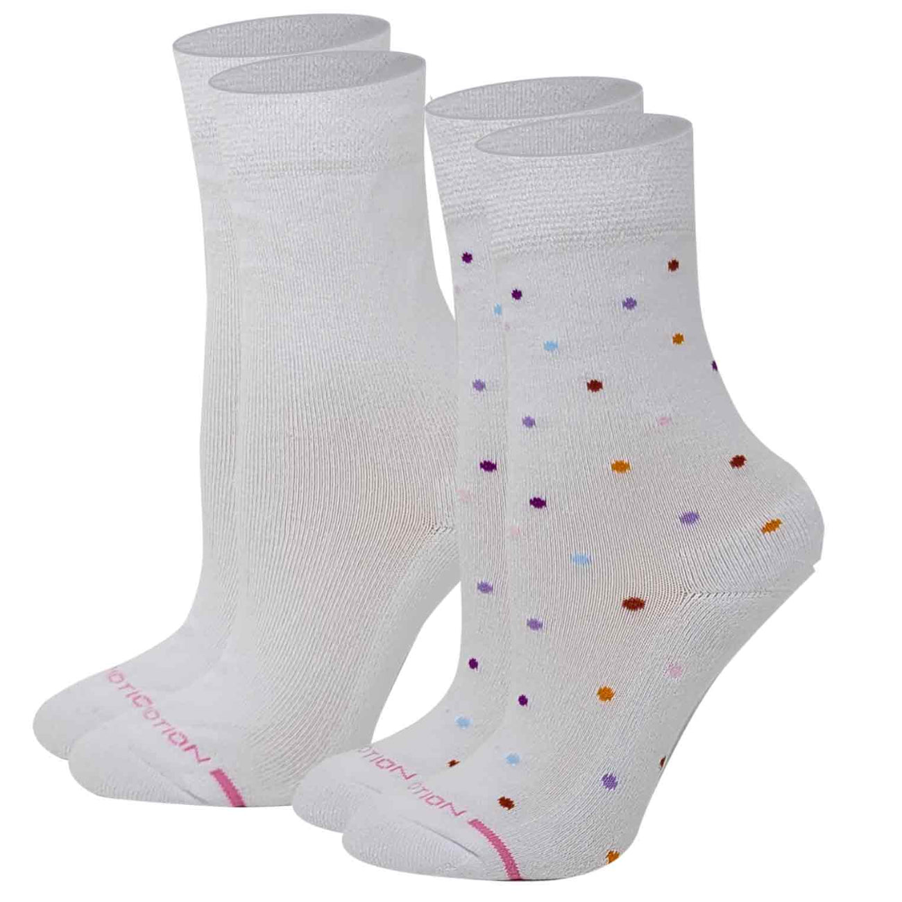 White dr. Motion mild crew socks with colorful dots on a white background