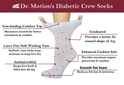 Diagram of Dr. Motion's Diabetic Crew Socks with features labeled