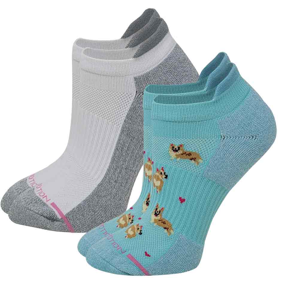 Two pairs of ankle compression socks, one pair is solid white and the other pair is blue with a pattern of corgis and hearts.