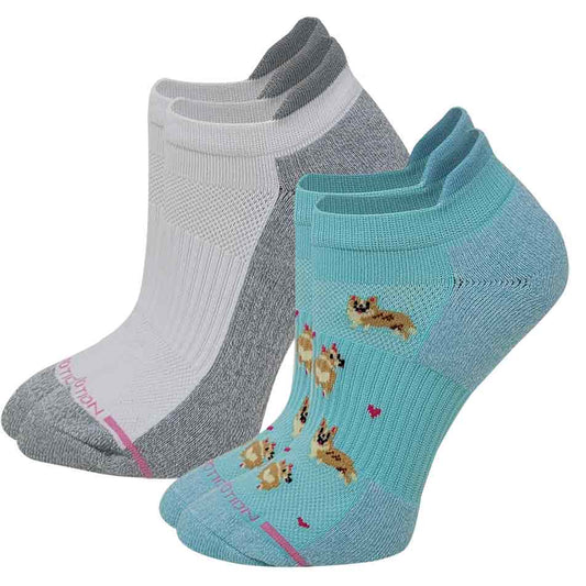Two pairs of ankle compression socks, one pair is solid white and the other pair is blue with a pattern of corgis and hearts.