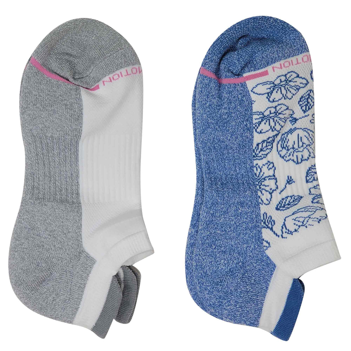 Two pairs of Ankle Compression socks, one gray and white, the other blue with floral pattern, on a white background.