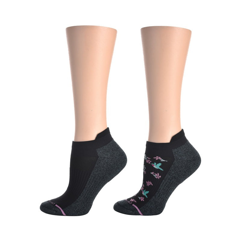 Close-up of women’s floral ankle compression socks showing cushioned heel and arch support
