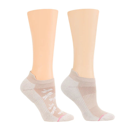 A pair of ankle compression socks in brown color, designed with a mesh upper and showing the brand's logo.