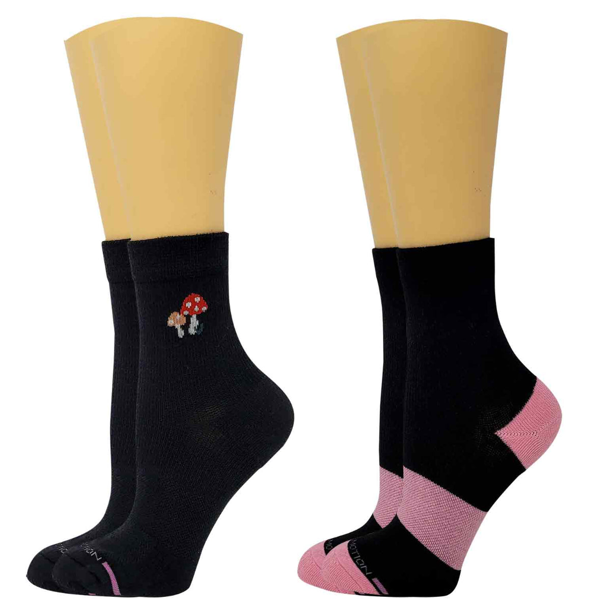 Close-up of Dr. Motion mid-crew compression socks showing half-cushion heel and smooth toe seam
