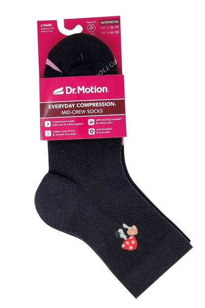 Dr. Motion women’s mid-crew compression socks black 2-pack half-cushion comfort