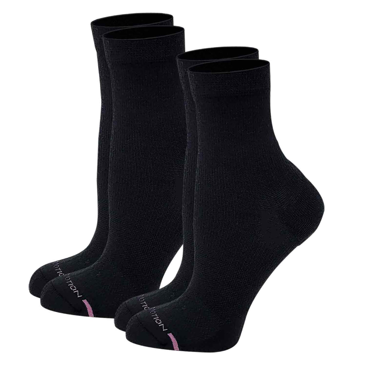 Two-pack women’s mid-crew compression socks in black with cushioned heel and toe