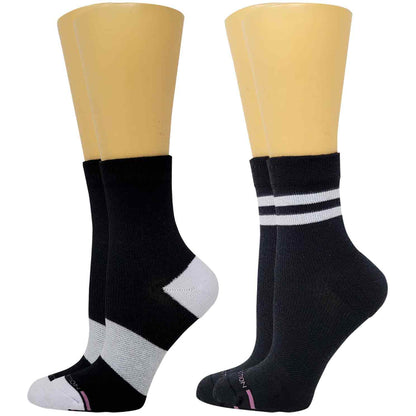Two pairs of socks with different designs on a white background